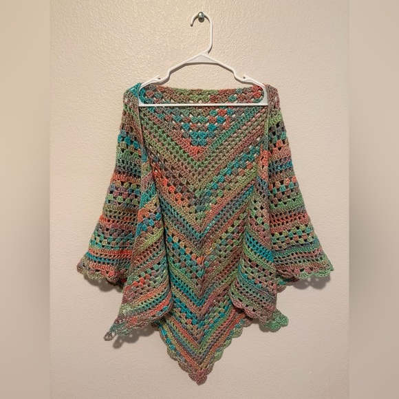 Handmade Cotton Blend Rainbow Multicolor Crochet Shawl Wrap - Made by Me